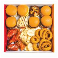 Family Box · 8 of our burgers. (choose up to 2 styles) 8 wings, fries & onion rings.