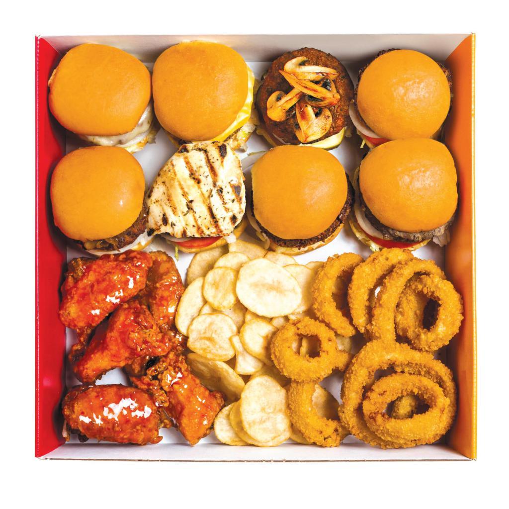 Family Box · Eight of our 3 oz gourmet mini burgers, eight wings, fries, and onion rings. Choose up to two styles of burgers. Your choice of two sides and either eight wings or 6 chicken strips.
