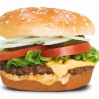 Angus Beef Burger · 1/3 lb patty, sauce leaf lettuce, roma tomato, pickles shaved onions, and American cheese.
