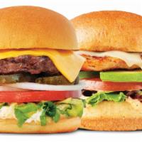 Duo Burger · Two 3 oz. burgers. Includes Roma tomato, leaf lettuce, shaved onions, pickles, American chee...