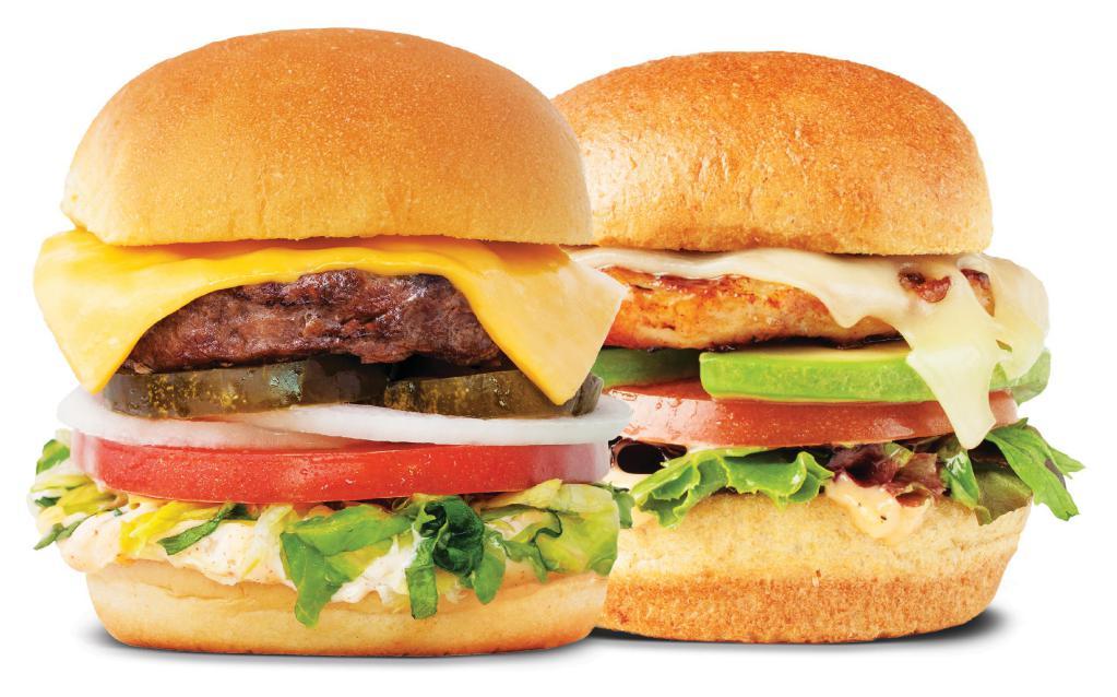 Duo Burger · 2 burgers. Includes Roma tomato, leaf lettuce, shaved onions, pickles, American cheese and house sauce.