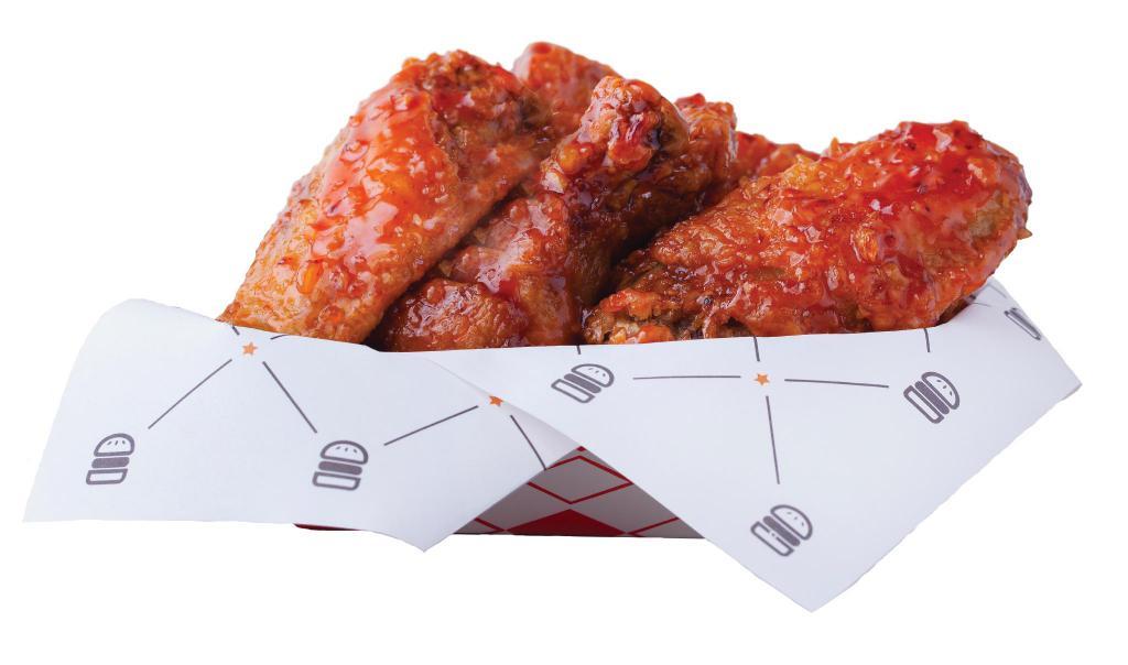 6 Jumbo Chicken Wings, tossed with your choice of sauce · With choice of Buffalo, BBQ, or sweet crunchy chili garlic sauce.