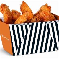 4 Piece Crispy Chicken Strips · With BBQ, Buffalo, or sweet crunchy chili garlic sauce on the side.