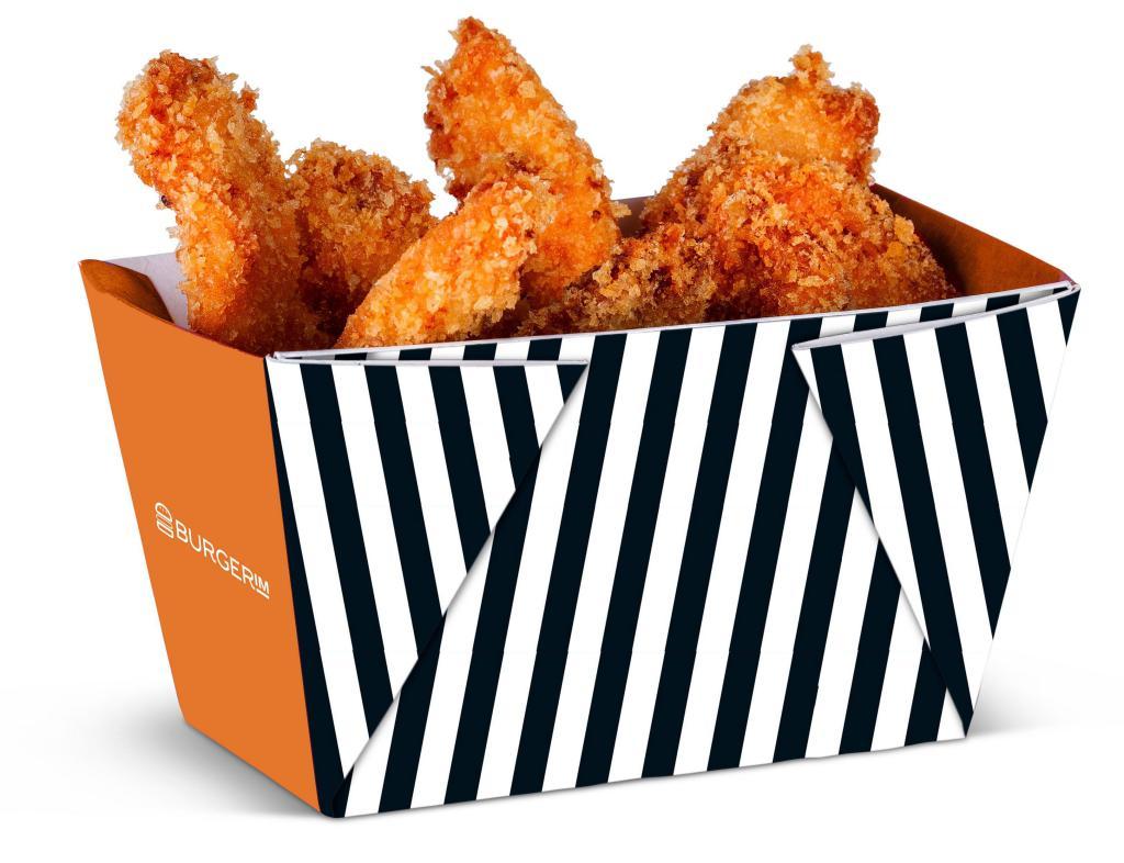  Crispy Chicken Strips · With BBQ, Buffalo, or sweet crunchy chili garlic sauce on the side.