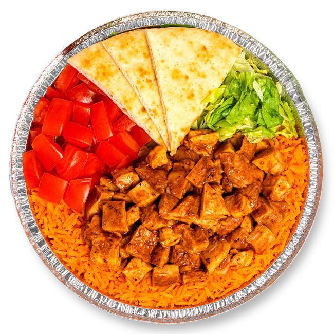 Signature Spicy Chicken Platter · Tender, sous-vide cooked chicken marinated in a blend of our fiery hot sauce and tangy BBQ sauce atop a bed of basmati rice, with lettuce, tomato and pita bread.