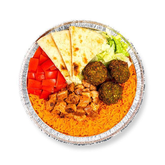 Signature Spicy Chicken/Falafel Platter · Tender, sous-vide cooked chicken marinated in a blend of our fiery hot sauce and tangy BBQ sauce along with our delicious falafel, atop a bed of basmati rice, with lettuce, tomato and pita bread
