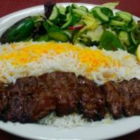 2. Barg Kabob · Thin sliced prime sirloin steak skewered and charbroiled to perfection.