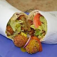 5. Falafel Wrap · Falafel, lettuce, tomatoes, onions, pepperoncini, cucumber with tzatziki, tahini sauce and a...