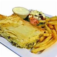 15. Spanakopita Platter · Crispy fillo dough layers stuffed with fresh spinach, green chard, and feta cheese and serve...