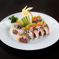 Yellowtail Delight Roll · spicy tuna, yellowtail, cucumber, jalapenos, red onions, masago, ponzu sauce.