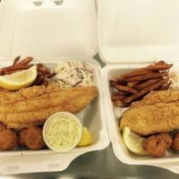 Catfish Plate  · 7 to 9 once filet catfish Served with seasoned fries, Cole slaw, 4 hush puppies tartar sauce...
