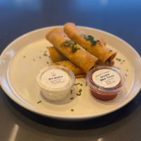 Crispy Chicken Taquitos · pulled chicken, roasted onions, American cheese, served with B's ranch & BBQ Sauce