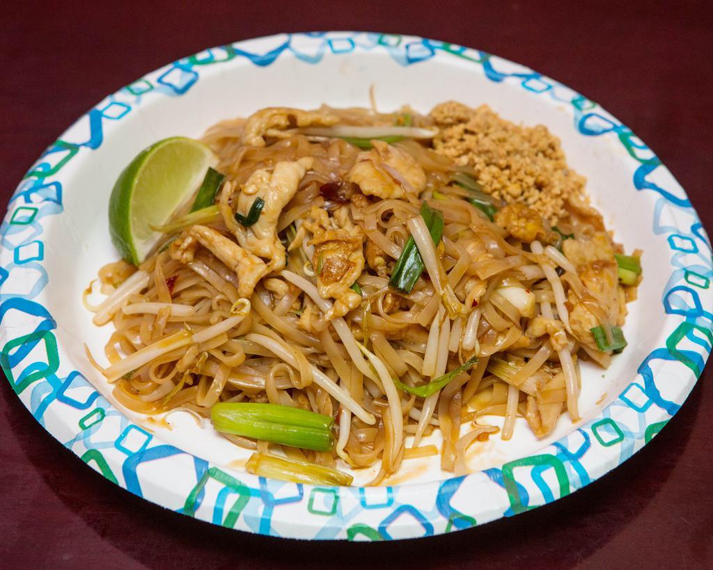 T3. Chicken Pad Thai · Stir-fried Thai noodles with chicken, egg, bean sprouts, scallions, and topped with ground peanuts and lime. Spicy.