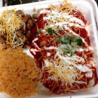Wet Enchilada Burrito Combo · Choice of meat, cheese, rice, beans, pico de gallo, guacamole, sour cream and covered in a r...