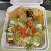 4 Taquilos Combo · Crispy tacos, choice of meat, cheese, lettuce, sour cream and tomatoes.