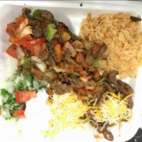 Fajitas Plate · Choice of meat, 4 tortillas, grilled vegetables (tomatoes, green and red peppers), rice, bea...