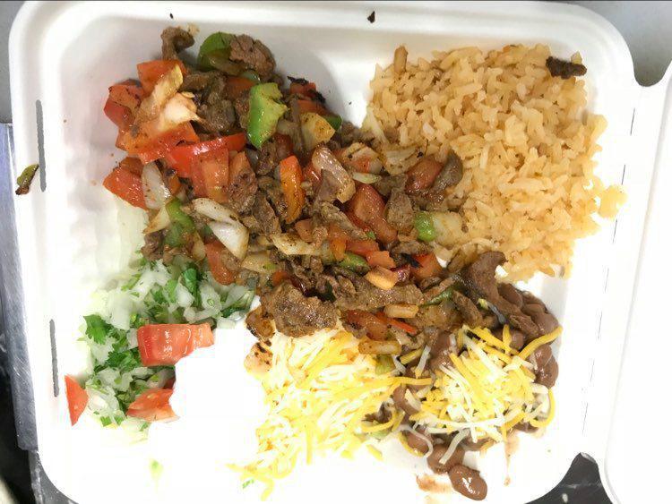 Fajitas Plate · Choice of meat, 4 tortillas, grilled vegetables (tomatoes, green and red peppers), rice, beans, guacamole and sour cream.