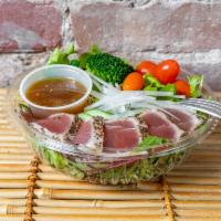 Tuna Tataki Salad · Mix greens, broccoli, cucumber kirby, string beans, tomato, blackened tuna with wasabi dress...