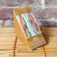 Smoke Salmon Sandwich · Cream cheese, slice of cucumber Kirby, slice of tomato, lettuce, thin slices of smoke salmon...