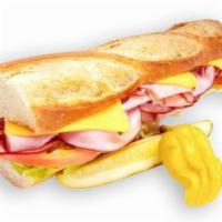 21. Ham & Cheese Baguette Sandwich · Served on a 10
