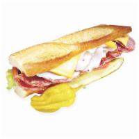 29. Turkey, Salami & Cheese Baguette Sandwich · Served on a 10