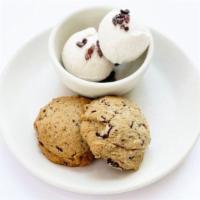 Cookies & Ice Cream, V GF · chocolate chip cookies served with vanilla ice cream V GF