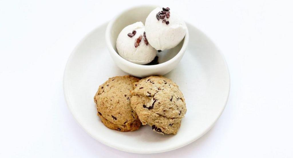 Cookies & Ice Cream, V GF · chocolate chip cookies served with vanilla ice cream V GF