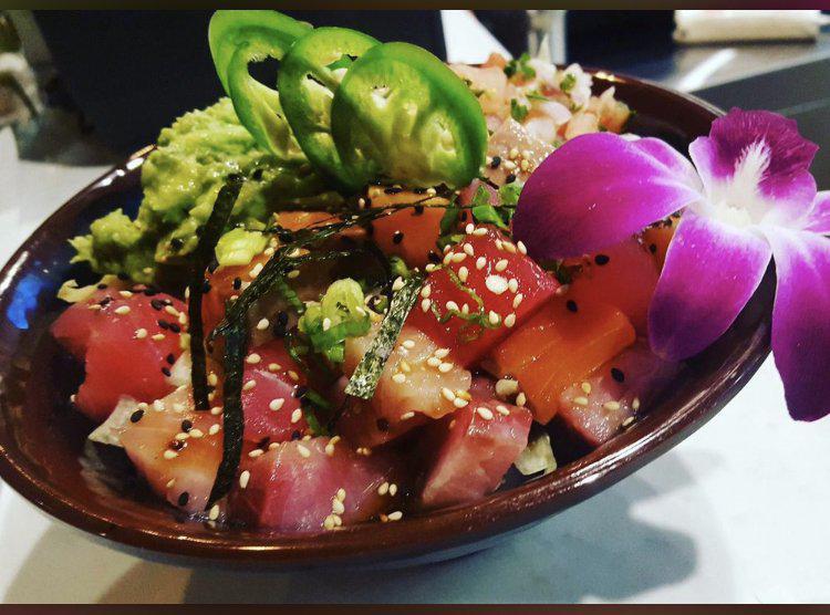 3 Amigo Poke Bowl · Salmon, tuna, yellowtail, avocado, cucumber, green onion, poke sauce, pico de gallo with guacamole on sushi rice and lettuce.