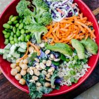 Thai Buddha Grain Bowl · brown rice, cucumbers, peanuts, kale, carrots,  edamame, scallions, & avocado with peanut Th...