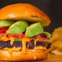 Black Bean Burger · vegetarian black bean burger, Cheddar cheese, pico de gallo, avocado and secret 