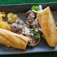 Chipotle Steak Sandwich · grilled USDA choice flat iron steak, romaine, bleu cheese, portabella mushrooms, red onion a...