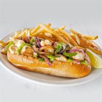 Chicken Philly · Thinly sliced chicken stacked high on a toasted hoagie roll, with peppers and onions and mel...