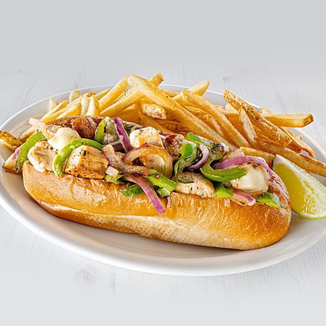 Chicken Philly · Thinly sliced chicken stacked high on a toasted hoagie roll, with peppers and onions and melted American cheese. Served with a side item (1140-1410 cal.)