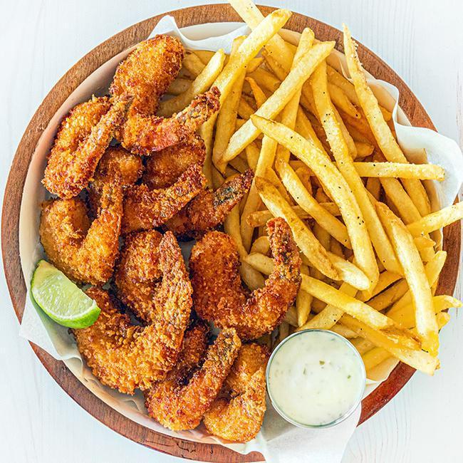Fried Shrimp Basket · Ten jumbo shrimp are breaded and fried to golden, crispy perfection, served alongside natural-cut fries, classic coleslaw and cocktail sauce. (1120 cal.)