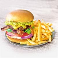 Bacon Guacamole Burger · Our signature burger topped with crispy bacon, American cheese, house-made guacamole, tomato...