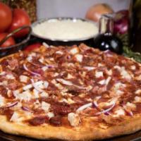BBQ Chicken Pizza · Spicy BBQ sauce, original crust, mozzarella cheese, chicken, applewood smoked bacon & red on...