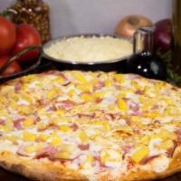 Hawaiian Pizza · Red sauce, original crust, mozzarella cheese, canadian bacon, pineapple & extra cheese.