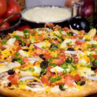Gourmet Artichoke Pizza · White sauce, original crust, mozzarella cheese, artichoke hearts, black olives, mushrooms, r...