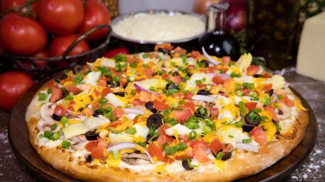Gourmet Artichoke Pizza · White sauce, original crust, mozzarella cheese, artichoke hearts, black olives, mushrooms, red onions, green onions, fresh tomatoes & cheddar cheese.