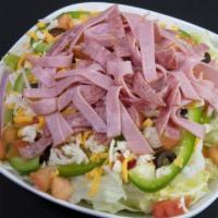 Antipasto Salad · Iceberg lettuce, bell peppers, red onions, black olives, Canadian bacon, Italian dry salami,...