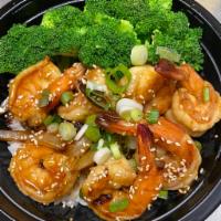 Ebi Teriyaki · Stir-fried Shrimps with caramelized onion teriyaki sauce topped with green onion, sesame see...