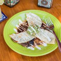 Hongos Quesadilla · Mushroom. 3 corn tortillas filled with mushrooms and Jack cheese. Served with adobo sauce an...