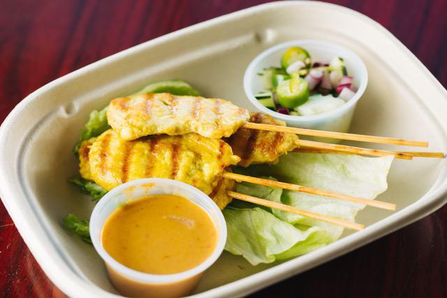 A10. Satay · Five pieces of chicken  marinated and grilled to perfection. Served with our homemade peanut sauce and pickled cucumber salsa.