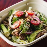 S1. Beef Salad · Seared steak mixed with parched rice, green onions, cilantro, scallions and lime dressing. S...