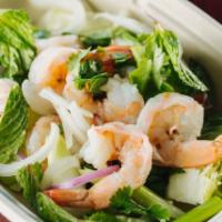 S4. Shrimp Salad · Cooked fresh shrimp mixed with scallions, cilantro, onions and mint leaves in lime dressing....