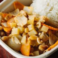 E5. Peanut Curry · Gang Massaman. Massamun curry with onions, potatoes, carrots and peanuts in coconut milk. Sp...