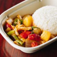 E6. Sweet and Sour · Pad Prew Wahn. Stir fried with cucumbers, tomatoes, pineapples, bell peppers and onions in o...