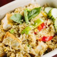 F10. Green Curry Fried Rice · Jasmine rice stir fried with basil, bell peppers, green beans, peas, egg and our green curry...