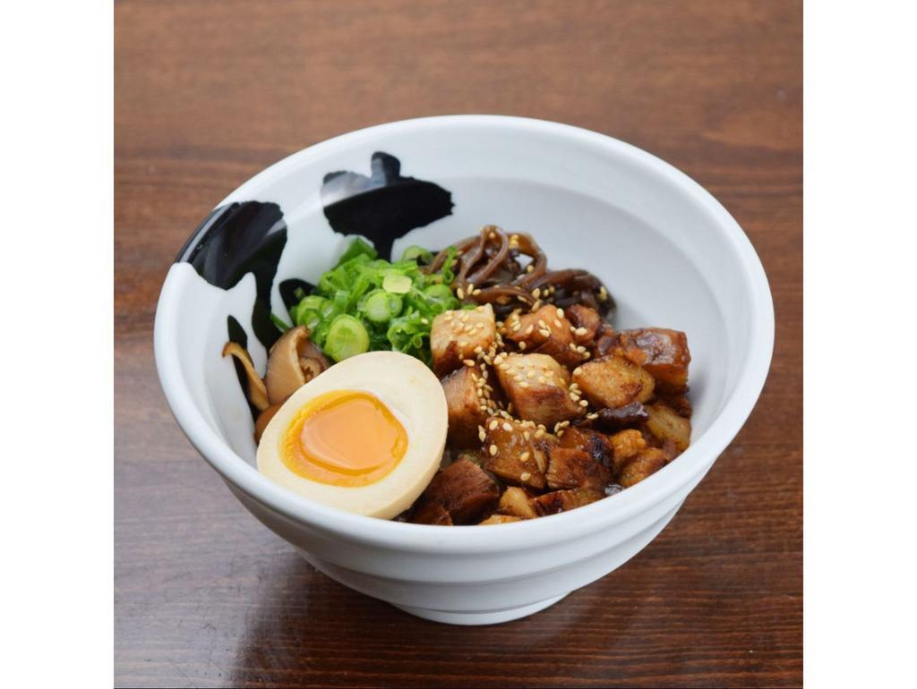 Small Pork Chashu Bowl · Slow braised pork chashu, simmered shiitake mushroom, kikurage namul, green onion, seasoned egg and sesame seeds.