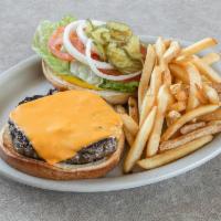 Red Truck Burgers · Seasoned fresh ground beef patty on a grilled bun with lettuce, tomato, pickles, onions, and...